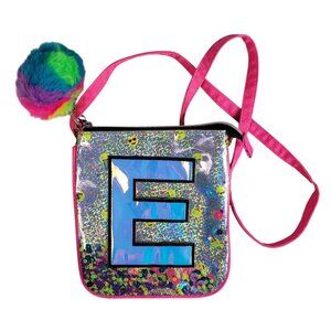 Justice Monogram E Crossbody Bag Pink Silver Emoji Rainbow Glitter Fuzzy Plush